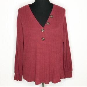 Soft Surroundings deep red textured button v neck top size Medium